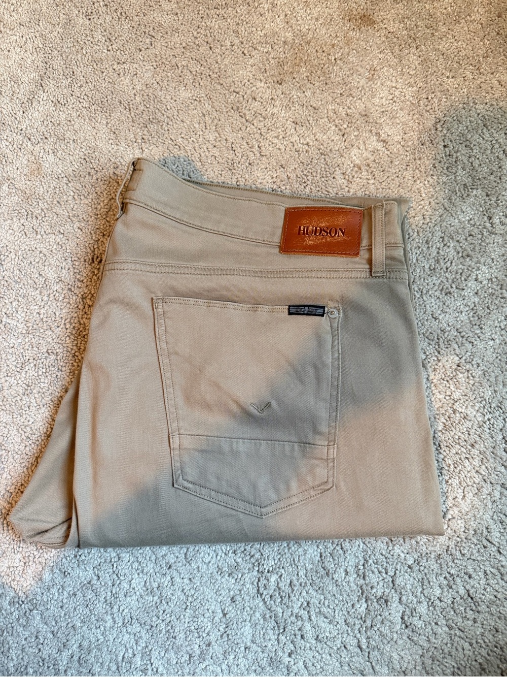 Hudson Jeans Men’s Khaki Chinos in Beige with Brown Patch